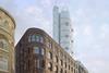 Gagarin Tower on Southwark Street rising above the Menier Chocolate Factory