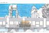 Eric Parry’s sketch of his design for the first gallery, which features fragments of Roman ruins against a blue sky. 
