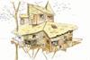 Hand-drawn, coloured perspective of the Alnwick Garden treehouse
