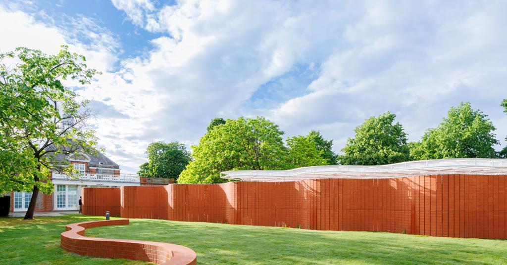 Serpentine Pavilion 2026, a serpentine, designed by LANZA atelier — exterior view of the curving brick wall in Kensington Gardens
