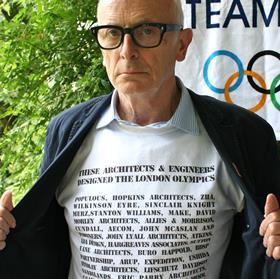 Peter Murray wearing his Olympic architects t-shirt