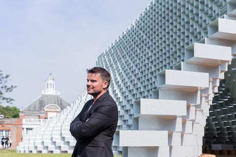 Bjarke Ingels in front of his 2016 Serpentine Pavilion