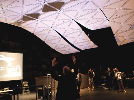 The Reactive Acoustic Environments Cluster’s transformable canopy responds to gestures.