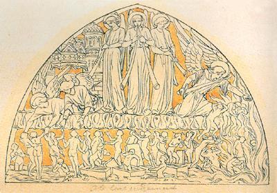 Burges’s design for the Resurrection of the Dead and Last Judgment. An amended version sits above the west entrance.