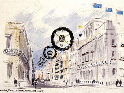 Design for decorations for the Coronation of Queen Elizabeth II, Waterloo Place, St James's, London, looking along Pall Mall
