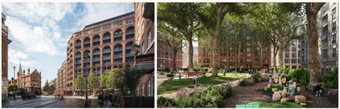 Mixed-use buildings, currently under construction on Pimlico Road (left) and the planned courtyard at the centre of the new block (right)