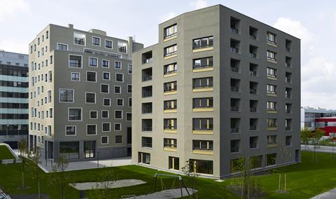 View of the Nordbahnhof blocks by Werner Neuwirth (left) and Sergison Bates (right) across the communal garden.