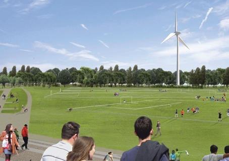 An image of the turbine on Hackney Marshes, by Hackney Council.