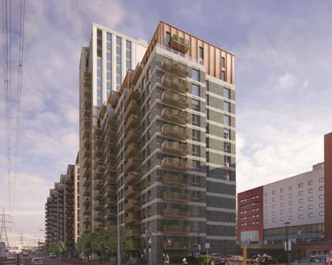 SOM's West End Car Park scheme in Newham, seen from the north-west.