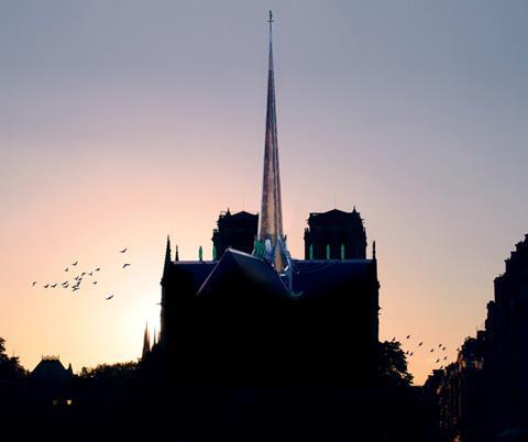 SB Architects unveil La Rose design concept for spire at Notre Dame Cathedral - sunset