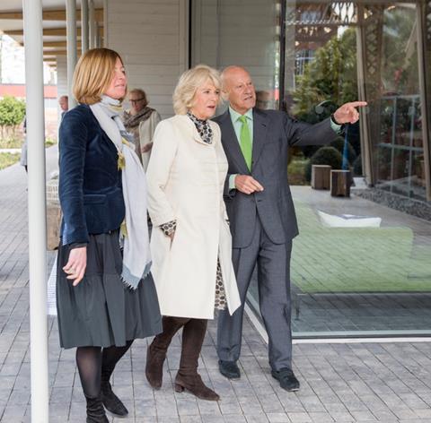Norman Foster and Maggie's chief executive Laura Lee show the Duchess of Cornwall round the new Maggie's Manchester at the Christie Hospital