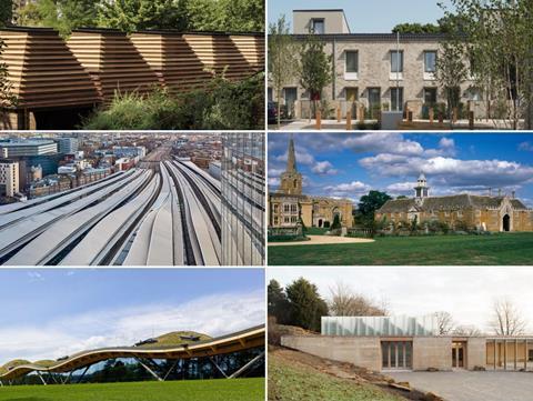 The 2019 Stirling Prize shortlist. Clockwise from top left: Cork House; Goldsmith Street; Nevill Holt Opera; The Weston; Macallan Distillery; and London Bridge Station