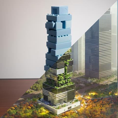 1-Cas Esbach-Lego blocks to fully rendered building
