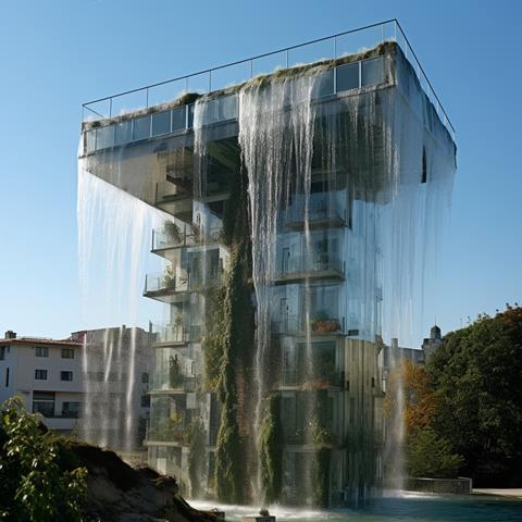 3- Cas Esbach- prompt modern housing building with lush vegetation waterfall streaming down facade