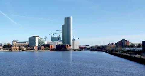 Simpson Haugh's Clipper Quay tower, seen from Salford Quays