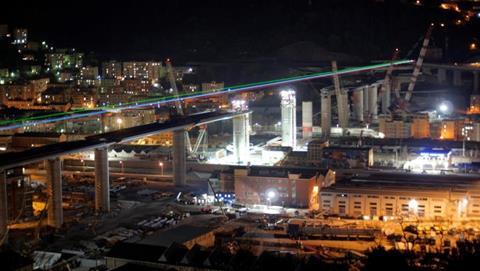Genoa's new Renzo Piano designed motorway viaduct, illuminated in a sign of solidarity