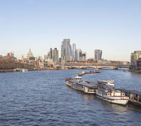 Fletcher Priest proposal for 55 Gracechurch Street office tower in City of London - view from Waterloo Bridge