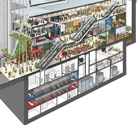 Fletcher Priest proposal for 55 Gracechurch Street office tower in City of London - crosssection