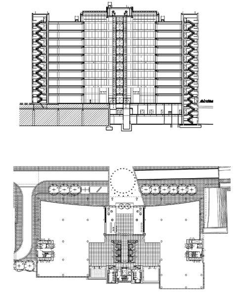 Long section (top), Ground floor plan (bottom)