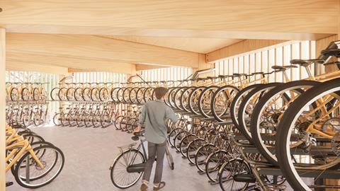Oxford North’s new landmark timber cycle pavilion - CGI interior first floor bike storage