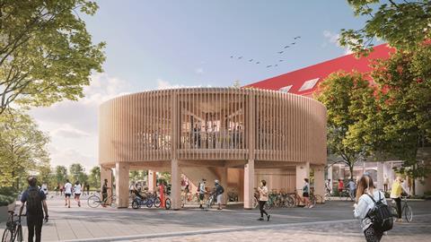 Oxford North’s new landmark timber cycle pavilion in the market square, adjacent to the Red Hall - CGI exterior - credit Fletcher Priest Architects