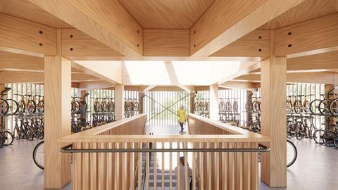 Oxford North’s new landmark timber cycle pavilion - CGI first floor interior providing 191 secure long-stay cycle places