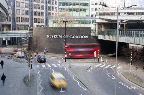 The Museum of London's current home, accessed by raised walkways over a roundabout