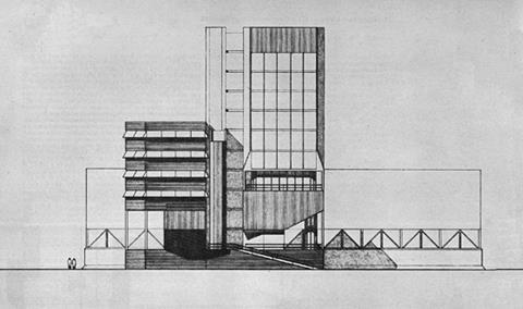 North-east entrance showing student entry ramp up to podium terrace under the lecture hall.
