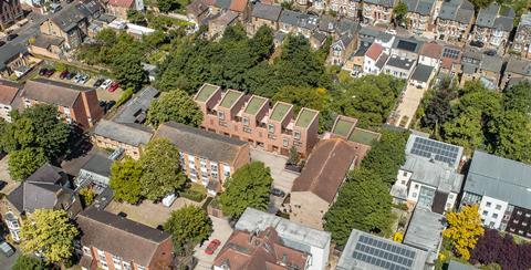 Aerial view of Stockwool's seven-home infill scheme off Romford Road in Stratford, east London