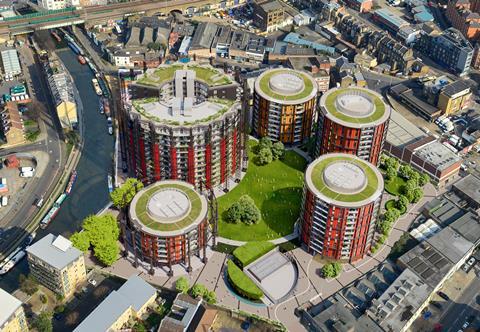 Aerial visualisation of the RSHP proposals for Bethnal Green Gasworks which sit beside the Regent’s Canal, between Broadway Market and Cambridge Heath Road.