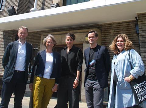 Quality Review Panel members Simon Tucker of Cottrell & Vermeulen, consultant Lindsey Whitelaw,  Susanne Tutsch of Erect Architecture, AHMM’s Andrew O'Donnell and LLDC’s Carla Smyth at Havering Town Hall