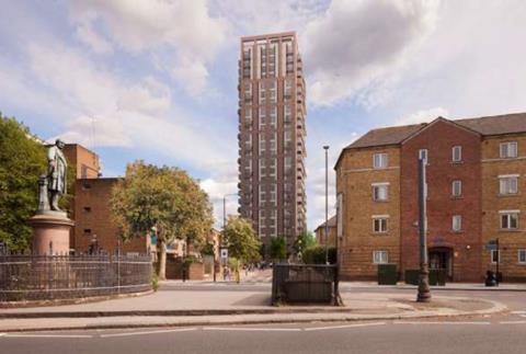 RMA Architects' Stroudley Walk tower, seen from Bow Road
