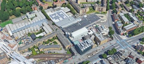 Overview of the Sainsbury's Whitechapel site. Swanlea School is to the supermarket's left, Trinity Almshouses are to the far right