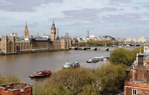 Skyline view across Parliament, Westminster and central London from the medieval tower of St Mary-at-Lambeth, home of the Garden Museum