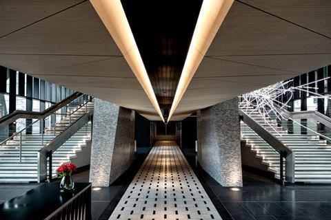 Centre point tower, lobby area (showing cerith wyn evans light installation) â© mark luscombe whyte (1)