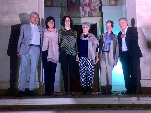 Giulia Pannochia, centre, first winner of the Gloria e Marco (GeM) Award, on the steps of Villa Saraceno near Venice with architect Peregrine Bryant (second from right) and the parents of Marco Gottardi (left) and Gloria Trevisan