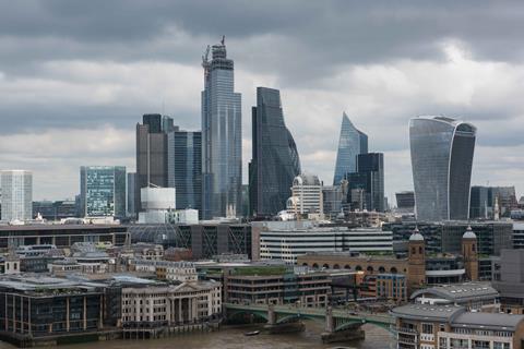 The City of London skyline, with PLP's under-construction 22 Bishopsgate at the centre