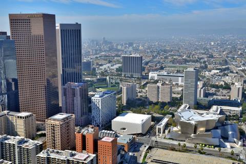 Downtown LA showing Grand Avenue with Diller Scofidio and Renfro's Broad and Gehry's Walt Disney Concert Hall