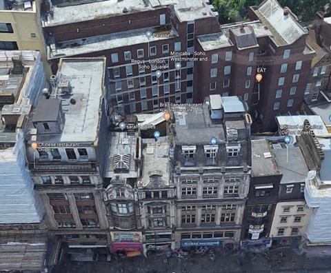 Aerial view of the development site for AHMM's Oxford Street and Soho Square scheme
