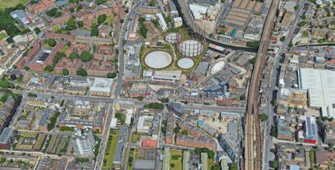 The Bethnal Green gasholder site seen from the south. Denys Lasdun's grade II* Keeling House is bottom left.