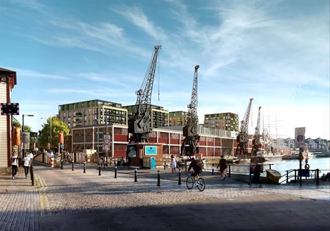 CGI Wapping Wharf North with cranes in foreground