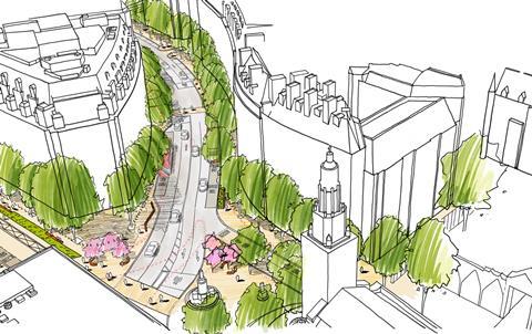 View of LDA Design's Strand pedestrianisation plans from the London School of Economics building to the East