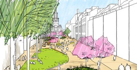 View to the east towards St Mary le Strand, under LDA Design's Strand pedestrianisation plans