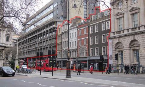 The threatened buildings on the Strand, between ED Jefferiss Mathews’ 1972 Strand Building and Somerset House. The first four buildings from the left inside the red line are due to be demolished. The fifth is listed and is not due to be demolished