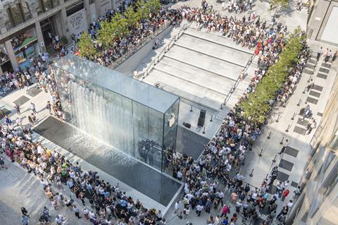 Aerial view of Foster & Partners' Apple store in the new Piazza Liberty, Milan