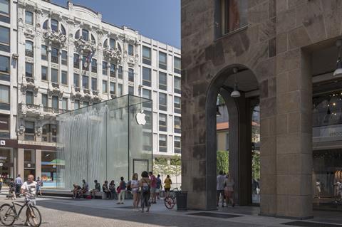 View of the entrance to Foster & Partners' Apple store in Milan from Corso Vittorio Emanuale II