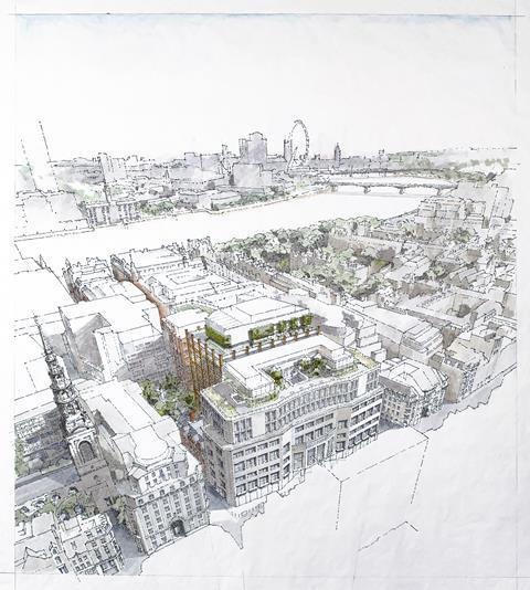 Salisbury Square - Looking south west - Drawing by Eric Parry