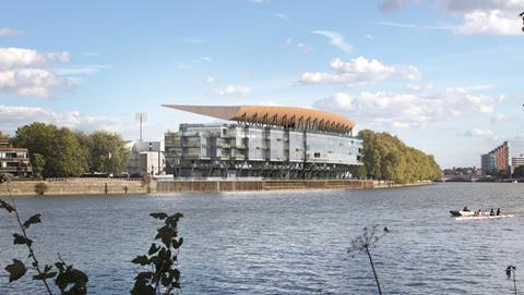 Populous' proposed Riverside Stand at Fulham's Craven Cottage from across the river