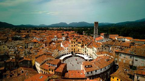 Aerial view across the main square, Piazza Dell Anfiteatro, in Lucca, Tuscany