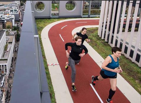 The rooftop running track designed by AHMM on the White Collar Factory, London